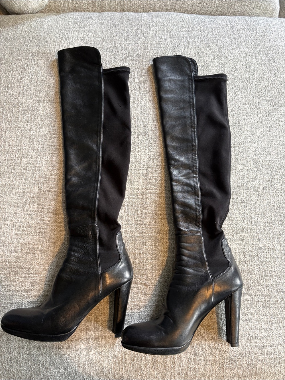 Stuart Weitzman Black Leather Stretch Over the Knee Boots 9.5N High Heel W01260